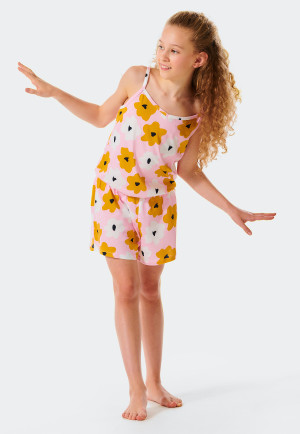 Jumpsuit short organic cotton V-neck flowers pink - Happy Summer