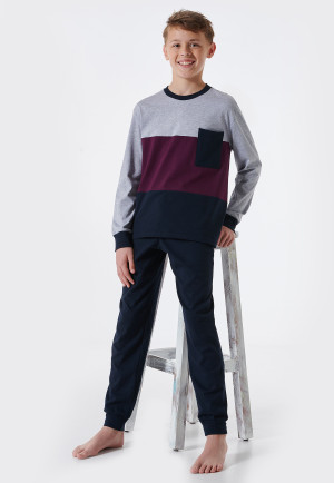 Pajamas long organic cotton cuffs block stripes breast pocket heather gray - Teens Nightwear