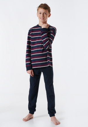 Pajamas long organic cotton stripes cuffs aubergine - Teens Nightwear
