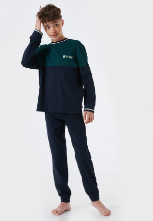 Pyjama long coton bio bords-côtes rayures Relax vert foncé - Teens Nightwear