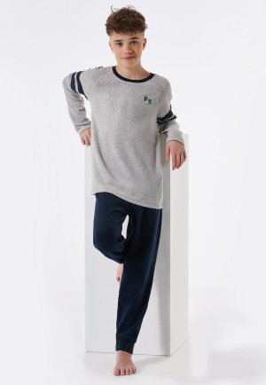 Schlafanzug lang Fleece Bündchen Streifen grau-meliert - Teens Nightwear