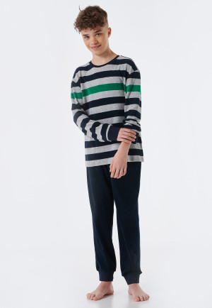 Schlafanzug lang Frottee Bündchen Streifen grau-meliert - Teens Nightwear