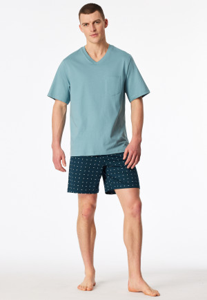 Short pyjamas V-neck chest pocket mint patterned - Comfort Essentials