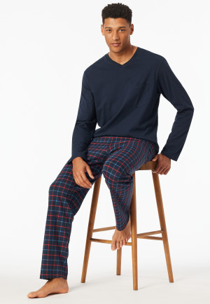 Pyjama long encolure en V poche poitrine bleu marine imprimé - Comfort Essentials