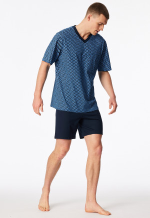 Short pyjamas V-neck chest pocket blue patterned - Comfort Nightwear