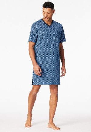 Sleep shirt short sleeves V-neck chest pocket blue chequered - Comfort Nightwear