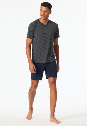 Schlafanzug kurz Modal V-Ausschnitt Streifen navy - Long Life Soft