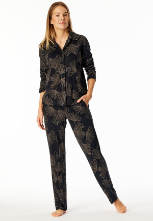 Pyjama Interlock Ginkgo schwarz bedruckt - Modern Nightwear