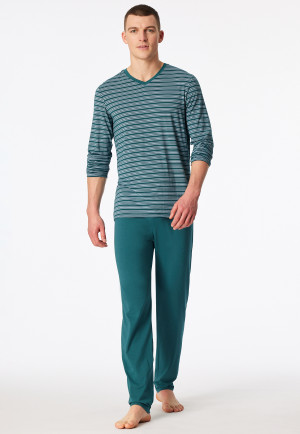 Pyjama long encolure en V rayures vertes - Long Life Soft