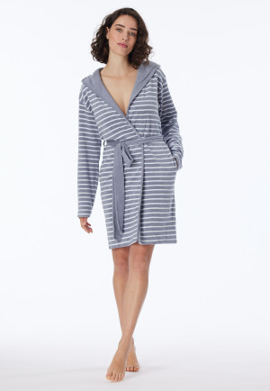 Light gray ringed bathrobe with hood, light terry cloth