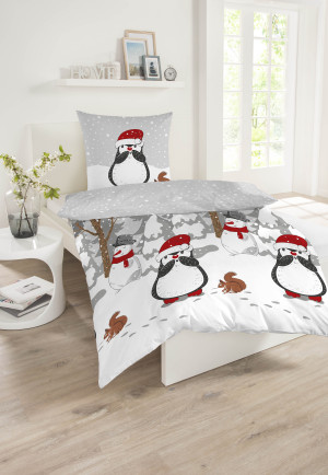Bed linen 2-piece flannelette penguins squirrels multicolored - SCHIESSER Home