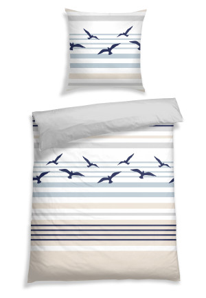 Biancheria da letto in Renforcé, motivo di uccelli, a righe, blu marino - SCHIESSER Home