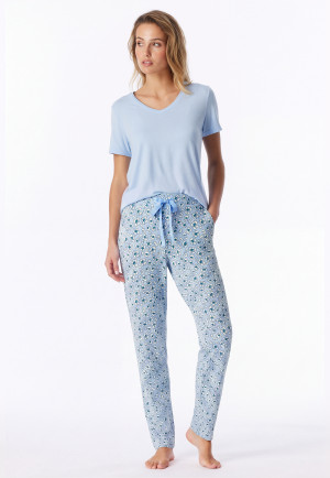 Hose lang Bündchen Blumen Leoparden hellblau - Mix+Relax