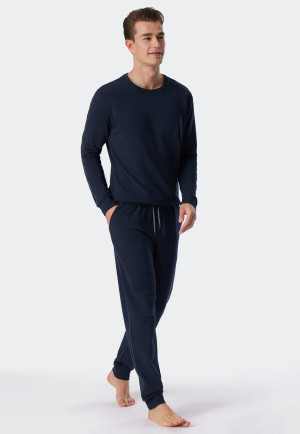Pantaloni lunghi in tessuto felpato realizzato in tencel di cotone biologico a righe, con fondo gamba, blu scuro - Mix+Relax