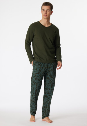 Long dark green lounge pants in organic cotton with a leaf pattern – Mix & Relax