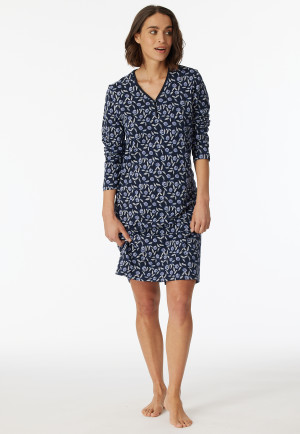 Chemise de nuit manches longues coton bio patte de boutonnage imprimé fleuri bleu nuit - Comfort Nightwear