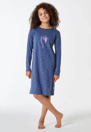 Sleep shirt long-sleeve Organic Cotton horse print denim blue - Horse World