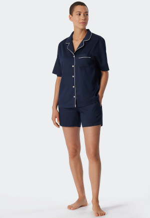 Pyjama kurz Baumwoll-Websatin Knopfleiste Paspeln dunkelblau - selected! premium inspiration