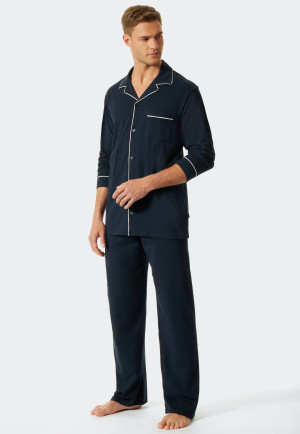 Pyjama long interlock fin passepoil bleu foncé - Fine Interlock