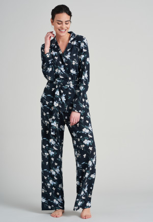 Pyjama long en modal, bords-côtes à la taille, imprimé floral, noir - Golden Harvest