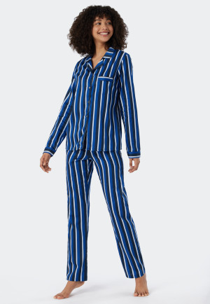 Pigiama lungo in raso intrecciato con collo a revers, a rughe, blu - selected! premium inspiration