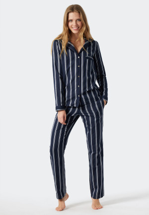 Pigiama lungo in raso intrecciato con collo a revers, a rughe, blu - selected! premium inspiration
