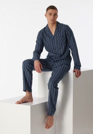 Pyjama lang Webware Organic Cotton Knopfleiste Streifen nachtblau - selected! premium
