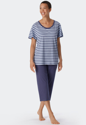 Schlafanzug 3/4-lang Bio-Baumwolle Bretonstreifen blau - Essential Stripes
