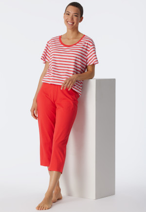 Schlafanzug 3/4-lang Bio-Baumwolle Bretonstreifen rot - Essential Stripes