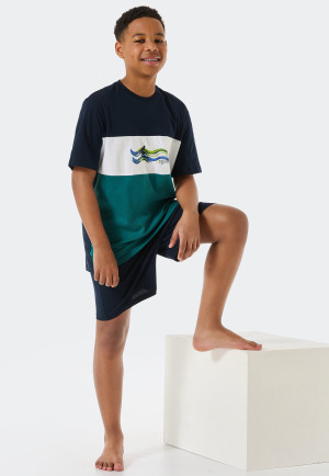 Schlafanzug kurz Organic Cotton Blockringel Wellen dunkelgrün - Ocean Flow