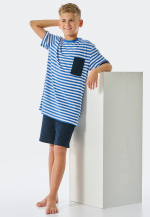 Pigiama corto in cotone biologico a righe, blu acqua  Aquatic Flow