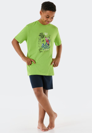 Pigiama corto in cotone biologico motivo surfisti in lime - Ocean Flow