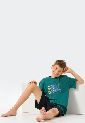 Pigiama corto in cotone biologico con motivo onde, colore verde scuro - Ocean Flow