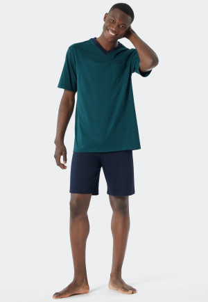 Pyjama court encolure en V à motifs vert foncé/bleu foncé - Essentials Nightwear