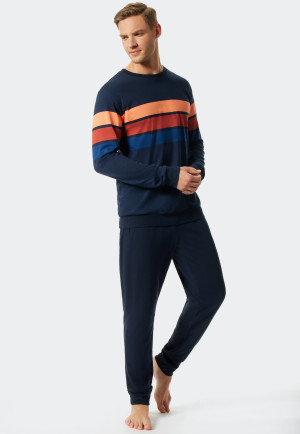 Schlafanzug lang Blockringel Bündchen dunkelblau/papaya - Fashion Nightwear