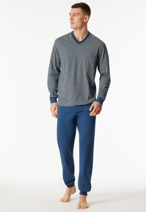 Schlafanzug lang Bündchen atlantikblau gemustert - Comfort Nightwear
