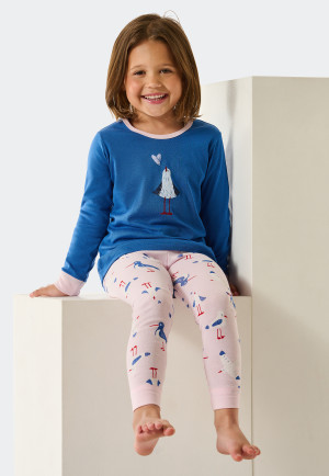 Schlafanzug lang Feinripp Organic Cotton Bündchen Leggings Möwen aqua - Natural Love
