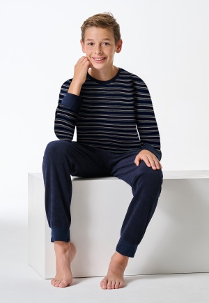 Pyjamas long terry towelling cuffs dark blue ringed - Teens Nightwear