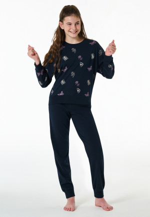 Schlafanzug lang Interlock Bündchen Traummotive nachtblau - Nightwear