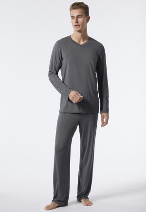 Pyjama long encolure en V en modal rayé gris foncé - Long Life Soft