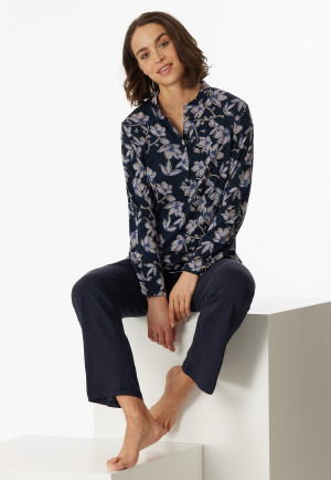 Pyjama long coton bio patte de boutonnage imprimé fleuri bleu marine - Contemporary Nightwear