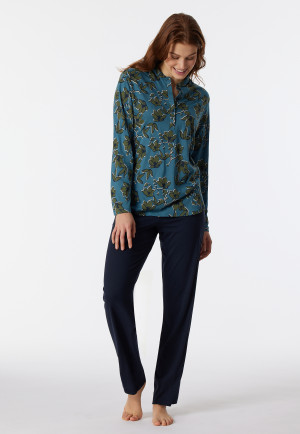 Pyjama long coton bio patte de boutonnage imprimé fleuri bleu pétrole - Contemporary Nightwear