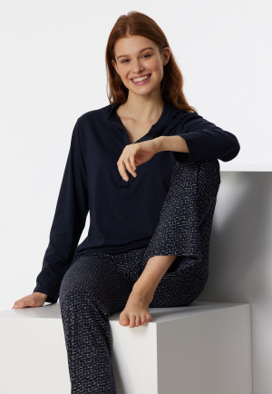 Pyjama long coton bio patte de boutonnage bleu nuit - Contemporary Nightwear