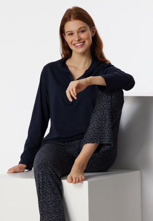 Pyjama long coton bio patte de boutonnage bleu nuit - Contemporary Nightwear