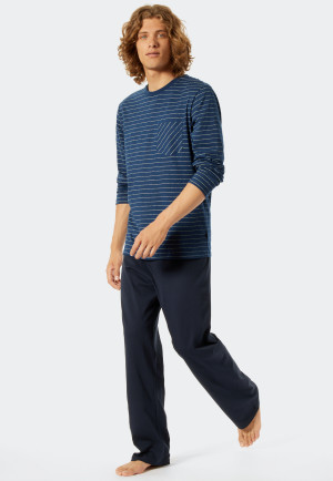 Schlafanzug lang Organic Cotton Rundhals Ringel blau/dunkelblau - Fashion Nightwear
