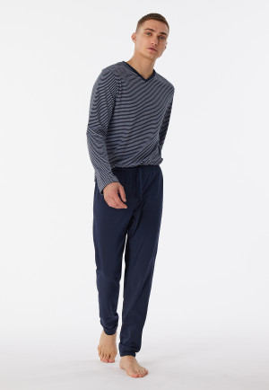 Pyjama long coton bio encolure en V rayures bleu nuit - 95/5