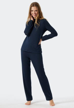 Schlafanzug lang Tencel Kaminkragen dunkelblau - selected! premium