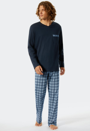 Pyjama long col V carreaux bleu foncé - Comfort Fit