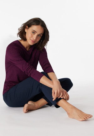 Pyjama long encolure en V pois prune - Comfort Essentials