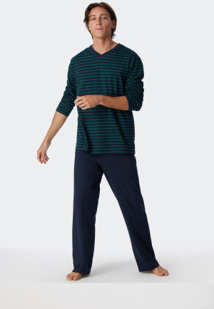 Pyjama long encolure en V rayures vert foncé - Essentials Nightwear